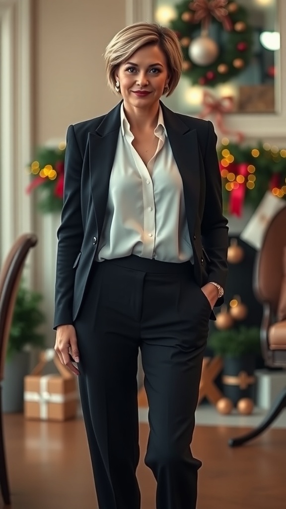 An elegant Christmas outfit with a navy blazer, silk blouse, and black trousers, set in a festive holiday environment.
